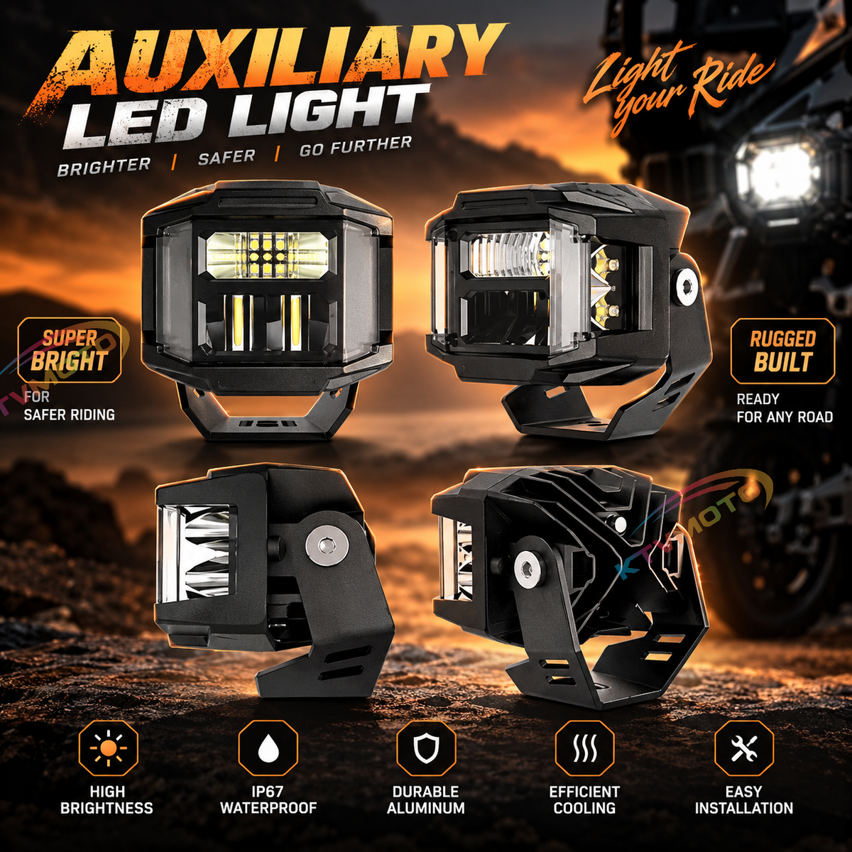 KTVMOTO Motorcycle LED Driving Light with Dual Color Beam-D29