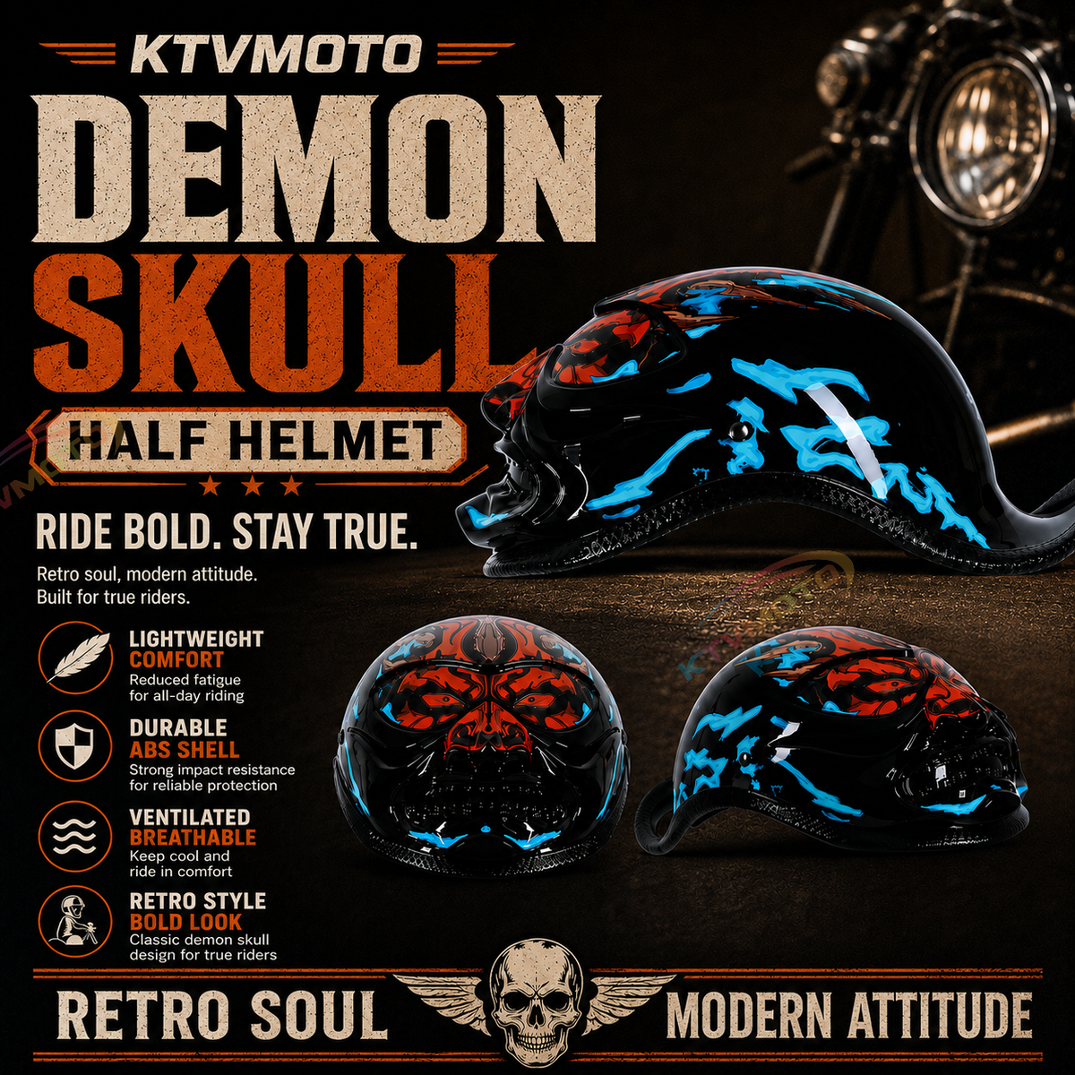 Classic ducktail motorcycle half-helmet Harley style — I41