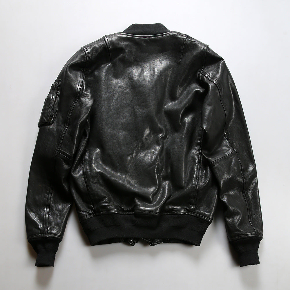 Unisex Vintage Washed Sheepskin Leather MA-1 Bomber Jacket-A58