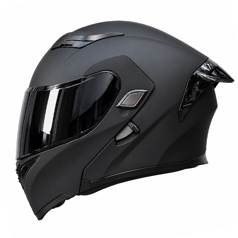 Flip-up motorcycle helmet with dual visors and a tinted rear spoiler-I149