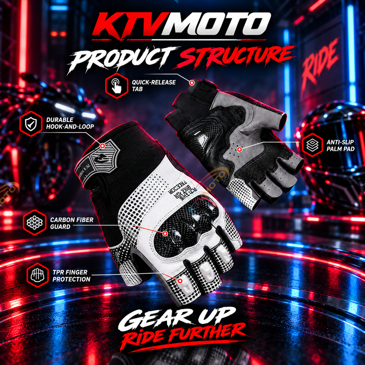KTVMOTO Carbon Fiber Fingerless Motorcycle Gloves, Anti-Slip-G107