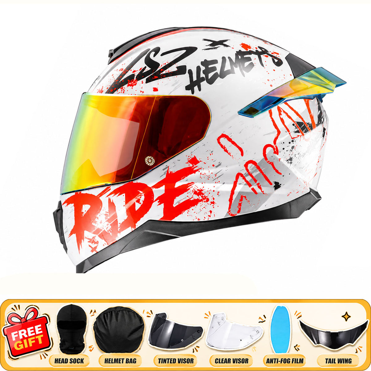 Full-face motorcycle helmet with anti-fog visor and large rear spoiler-I310