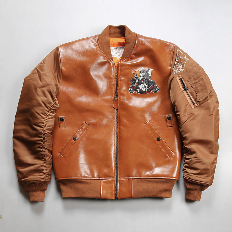Cartoon sports casual leather cowhide jacket-A39