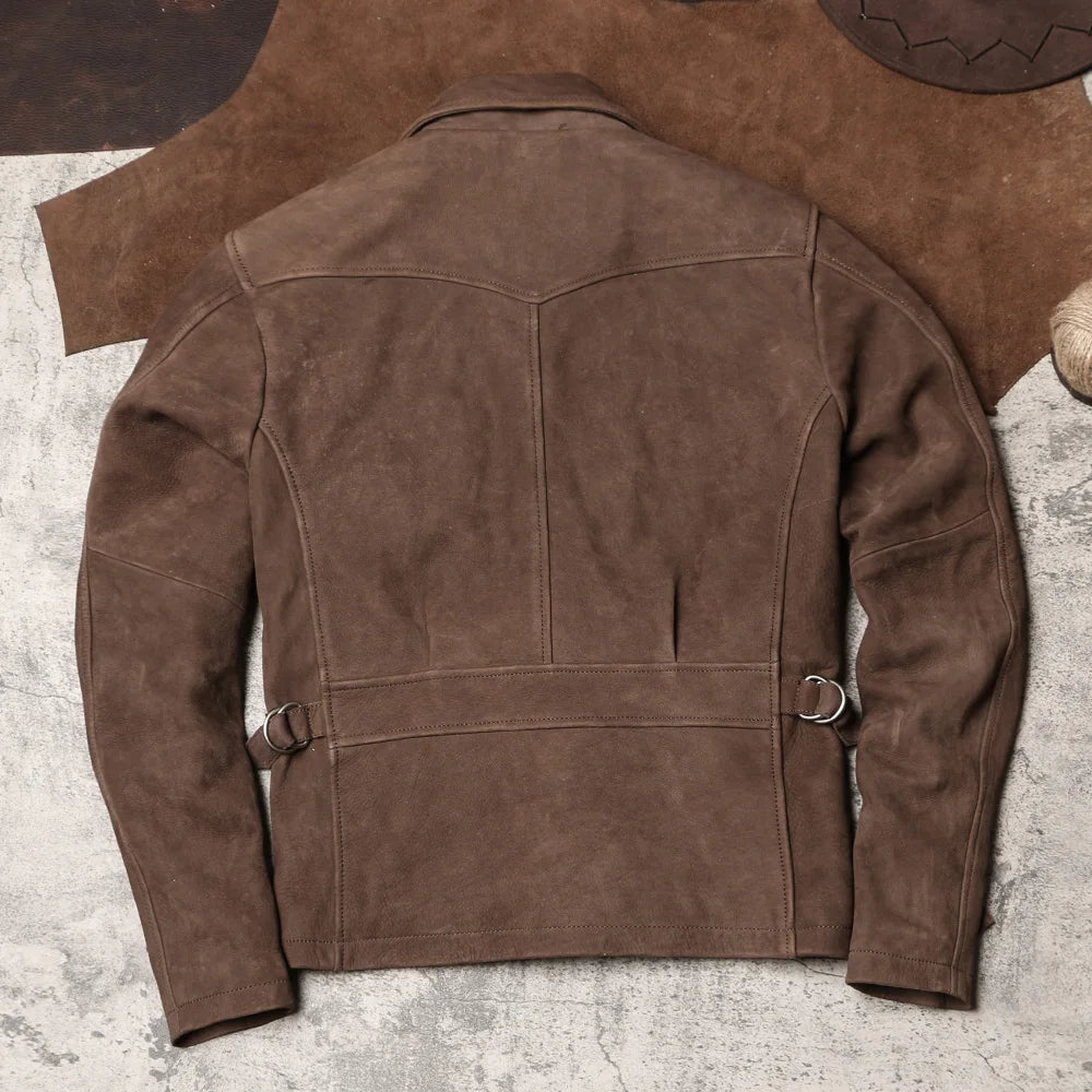 Depp vintage distressed lapel brushed hard leather jacket-A42