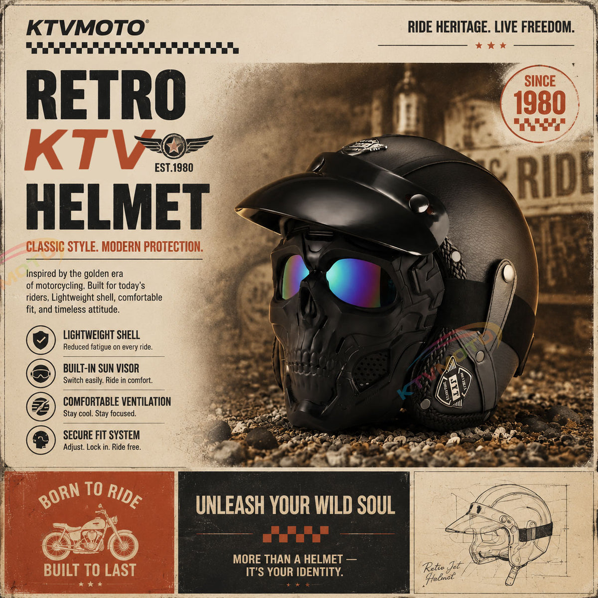 Retro jet motorcycle 3/4 riding helmet-I146