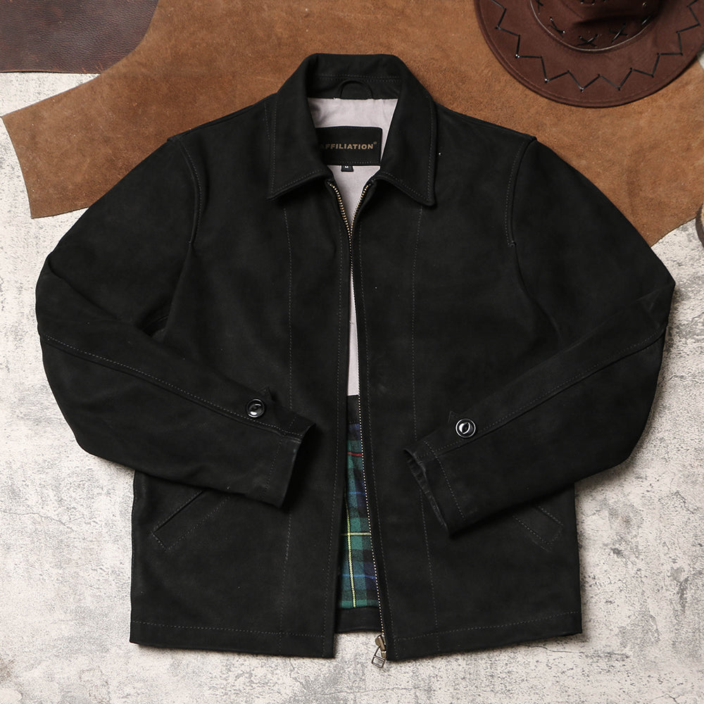 Depp vintage distressed lapel brushed hard leather jacket-A42