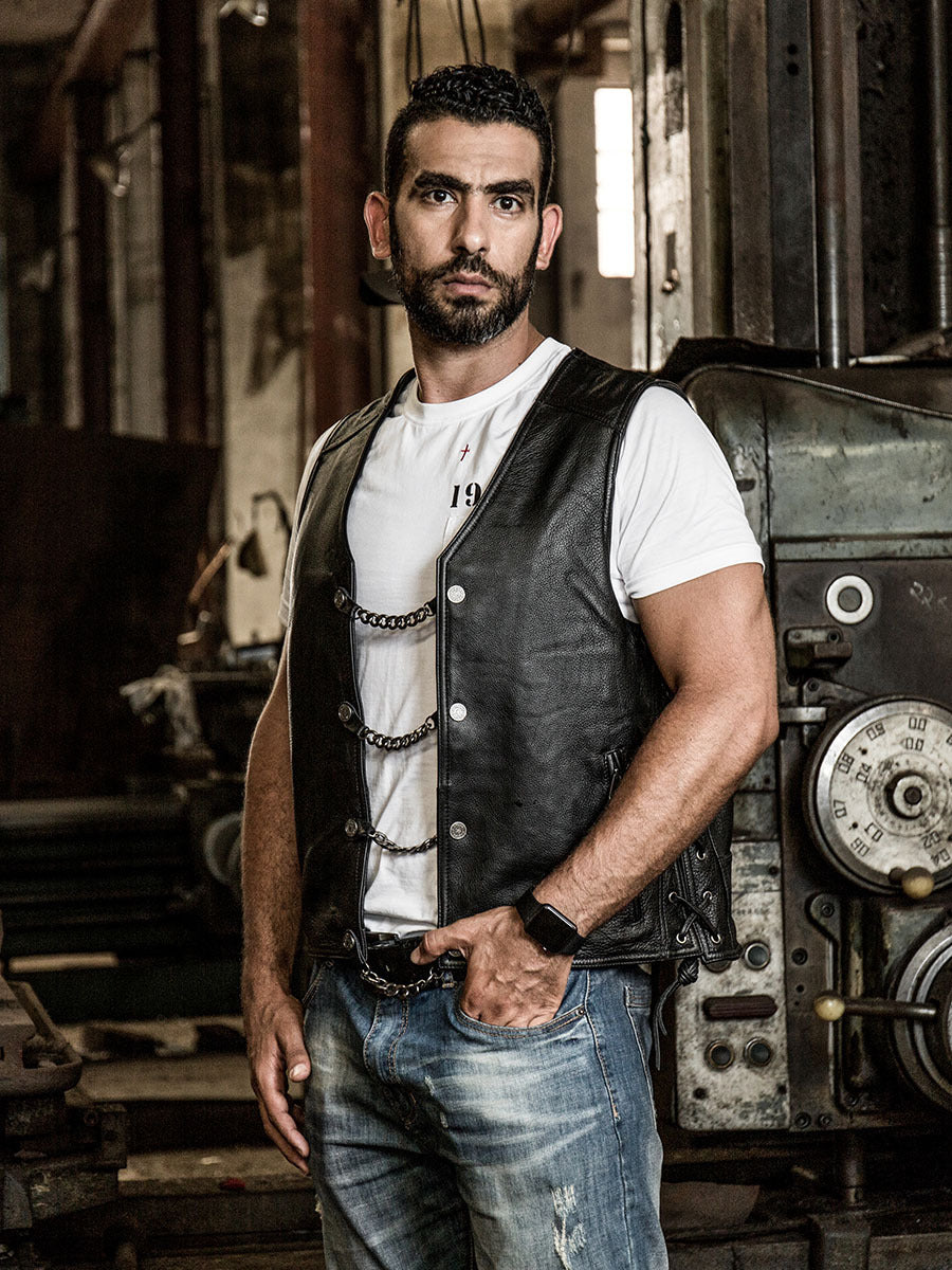 Harley vest steel chain genuine leather vest-A34