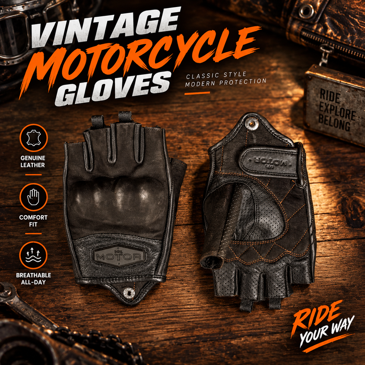 KTVMOTO Retro genuine leather half-finger motorcycle gloves-G39