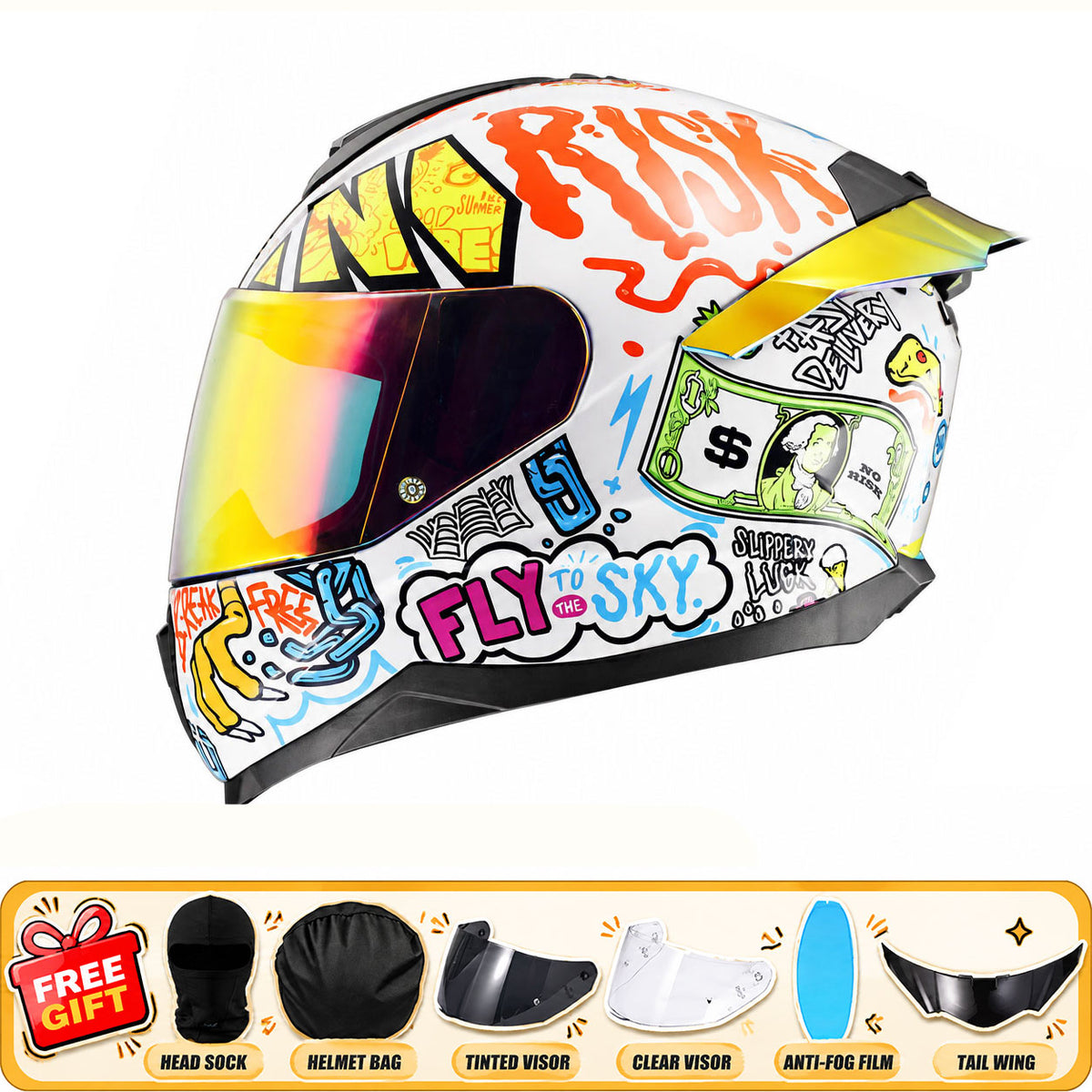 Full-face motorcycle helmet with anti-fog visor and large rear spoiler-I310