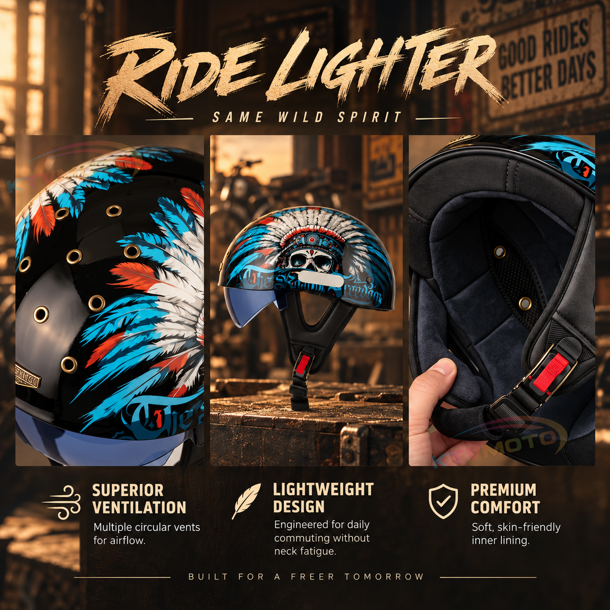 KTVMOTO Retro Skull Half Helmet with Visor for Motorcycle Riders- I28