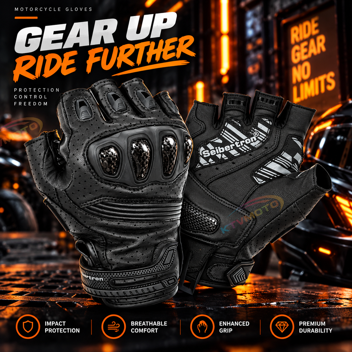 KTVMOTO Motorcycle Carbon Fiber and Leather Fingerless Gloves-G45