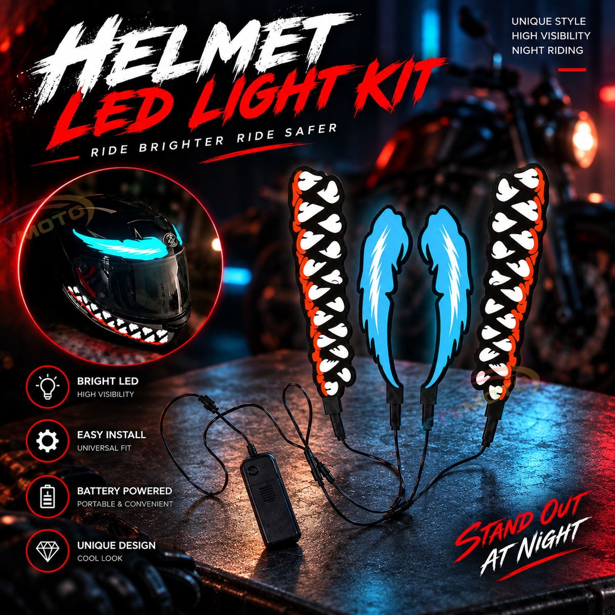 KTVMOTO Motorcycle Helmet Light Kit with Wings & Teeth-D25