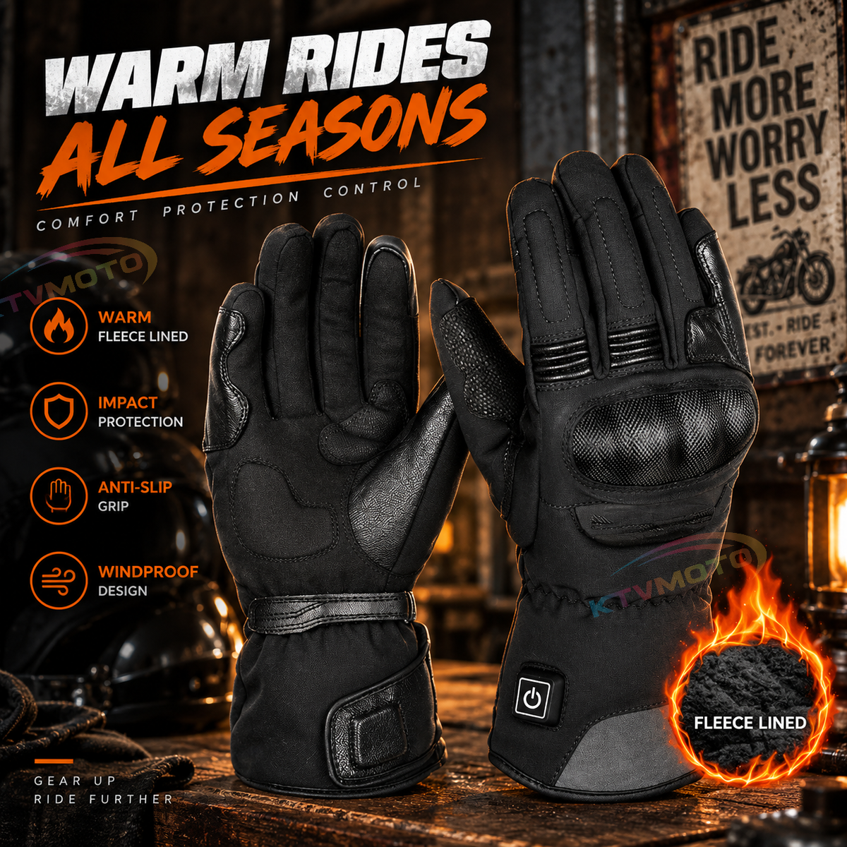 KTVMOTO Heated Genuine Leather Motorcycle Gloves with Hard Protective Cover - G26