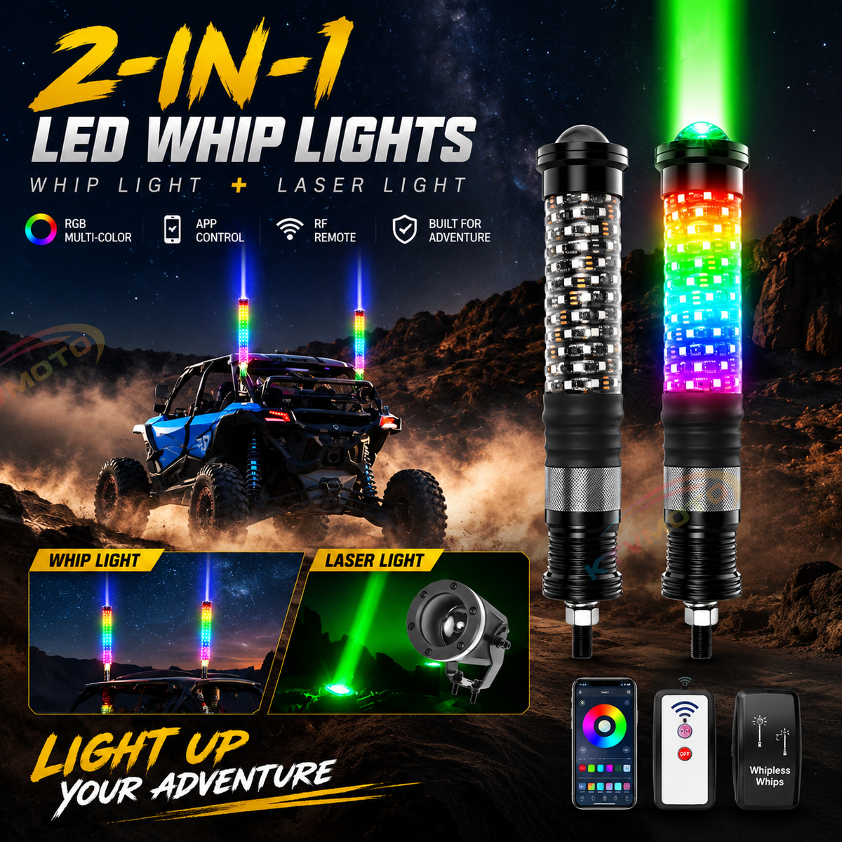 KTVMOTO 2-Pack LED Whip Lights with App & Wireless Remote-D26