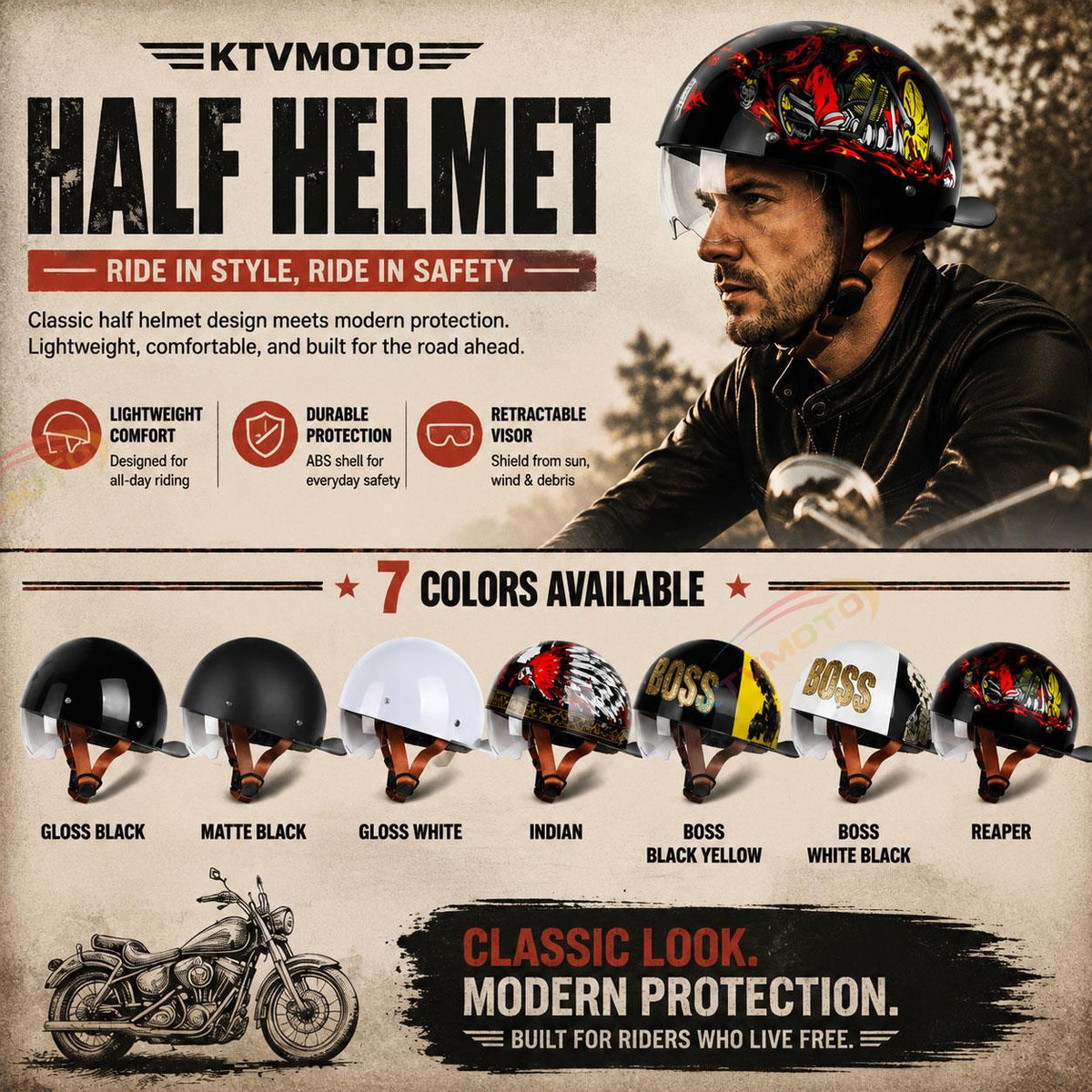 Retro cruiser motorcycle half helmet- I07