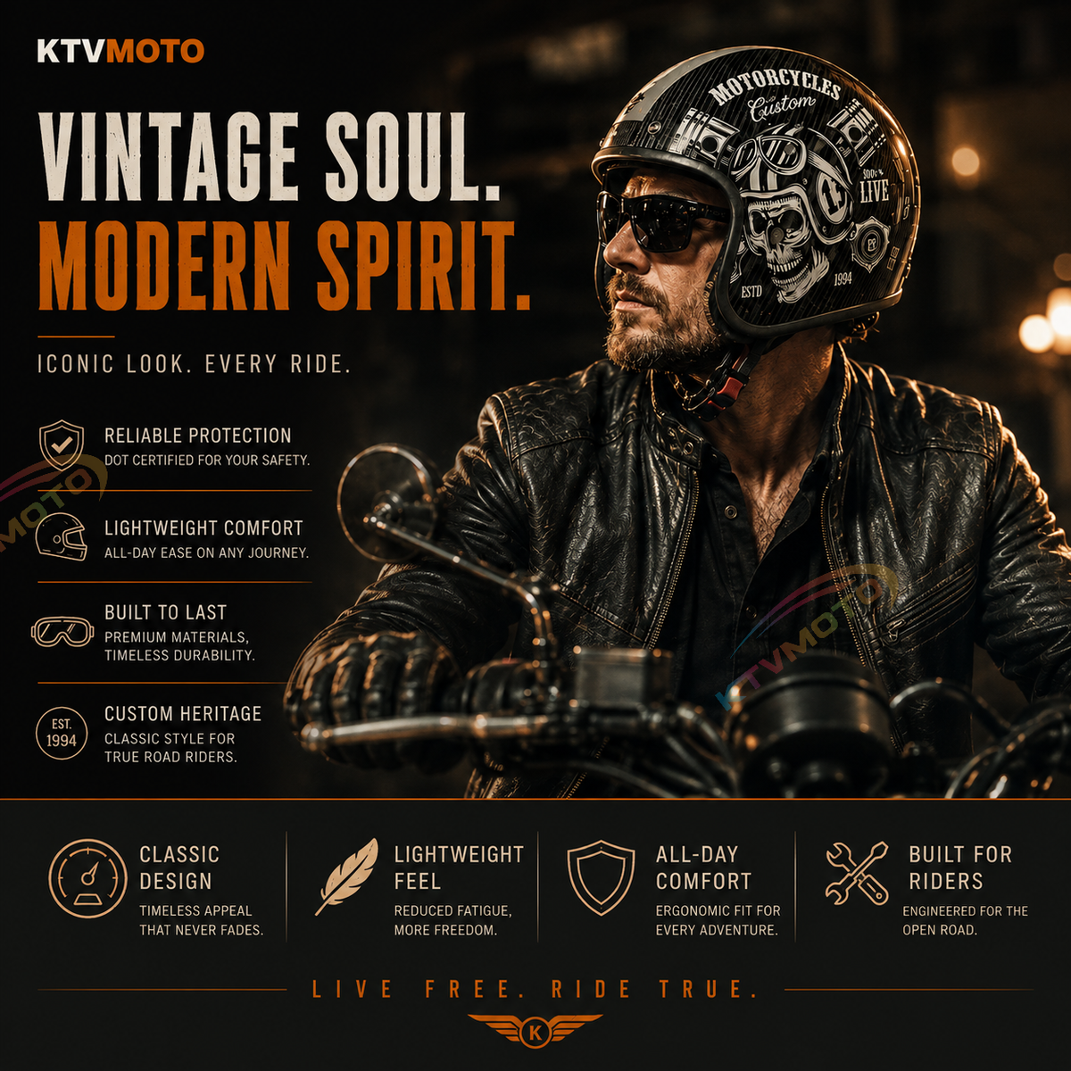KTVMOTO Classic cruise half-helmet with carbon fiber texture, Harley style-I34