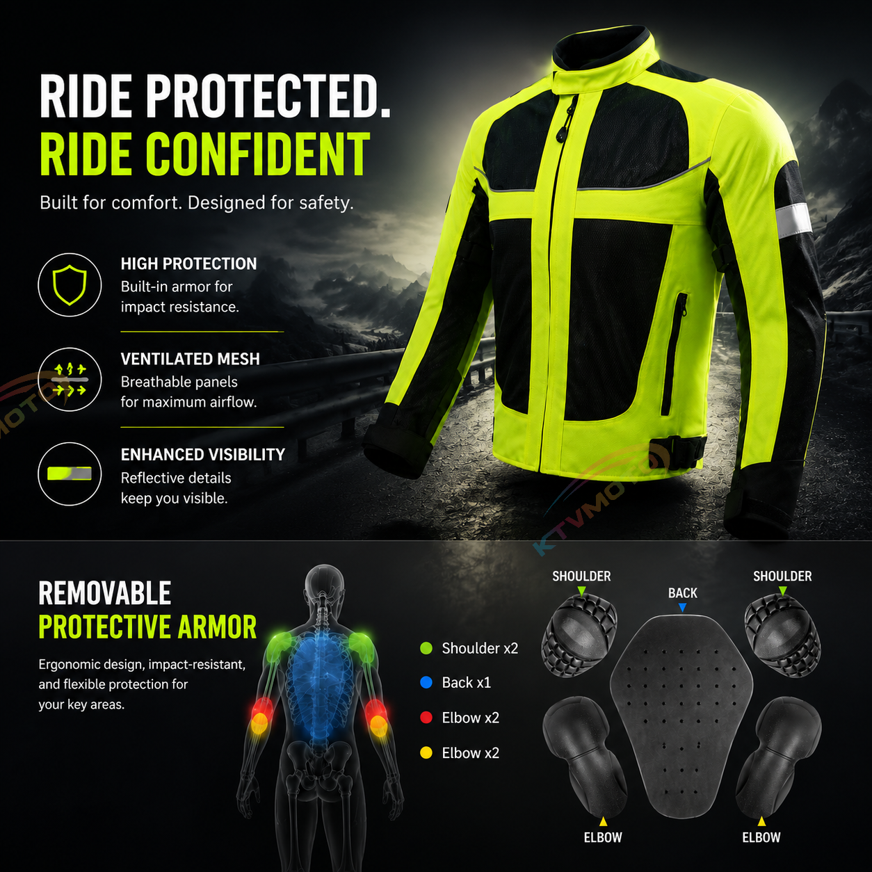 Breathable motorcycle riding gear with reflective elements-J100