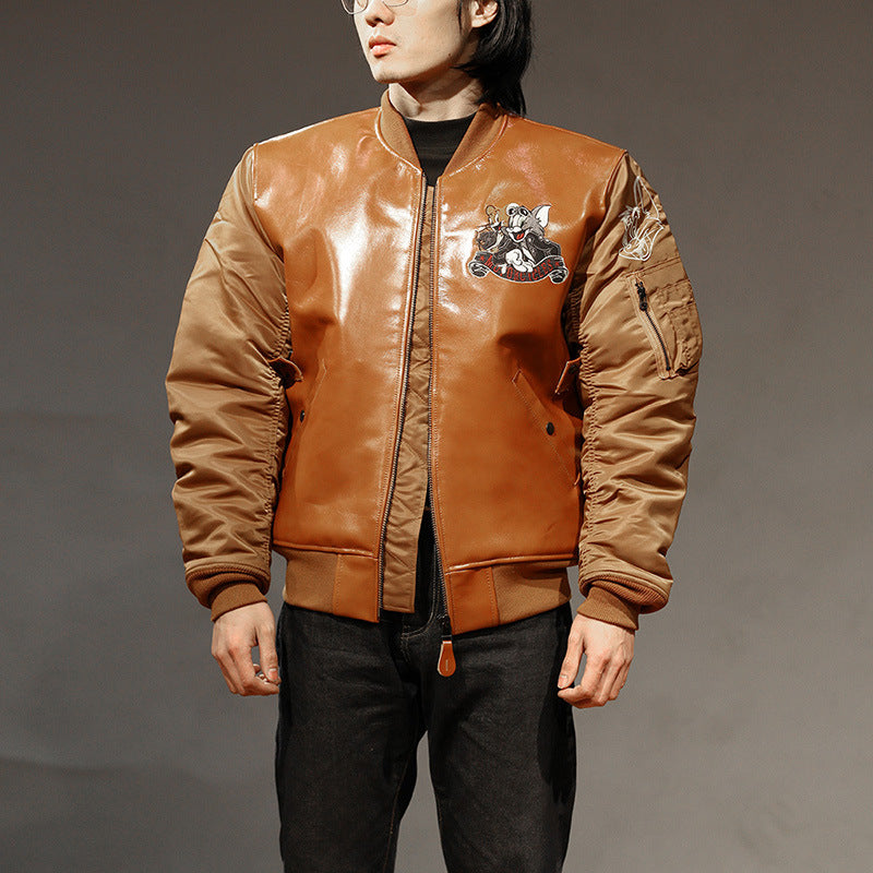 Cartoon sports casual leather cowhide jacket-A39