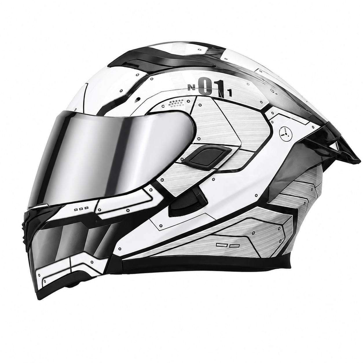 Motorcycle flip-up helmet with dual visors and silver rear spoiler-I150