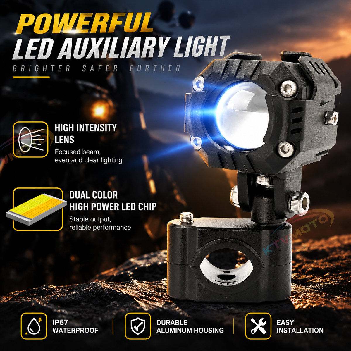 KTVMOTO Motorcycle LED Fog Lights with Yellow Beam & Adjustable Mount-D36