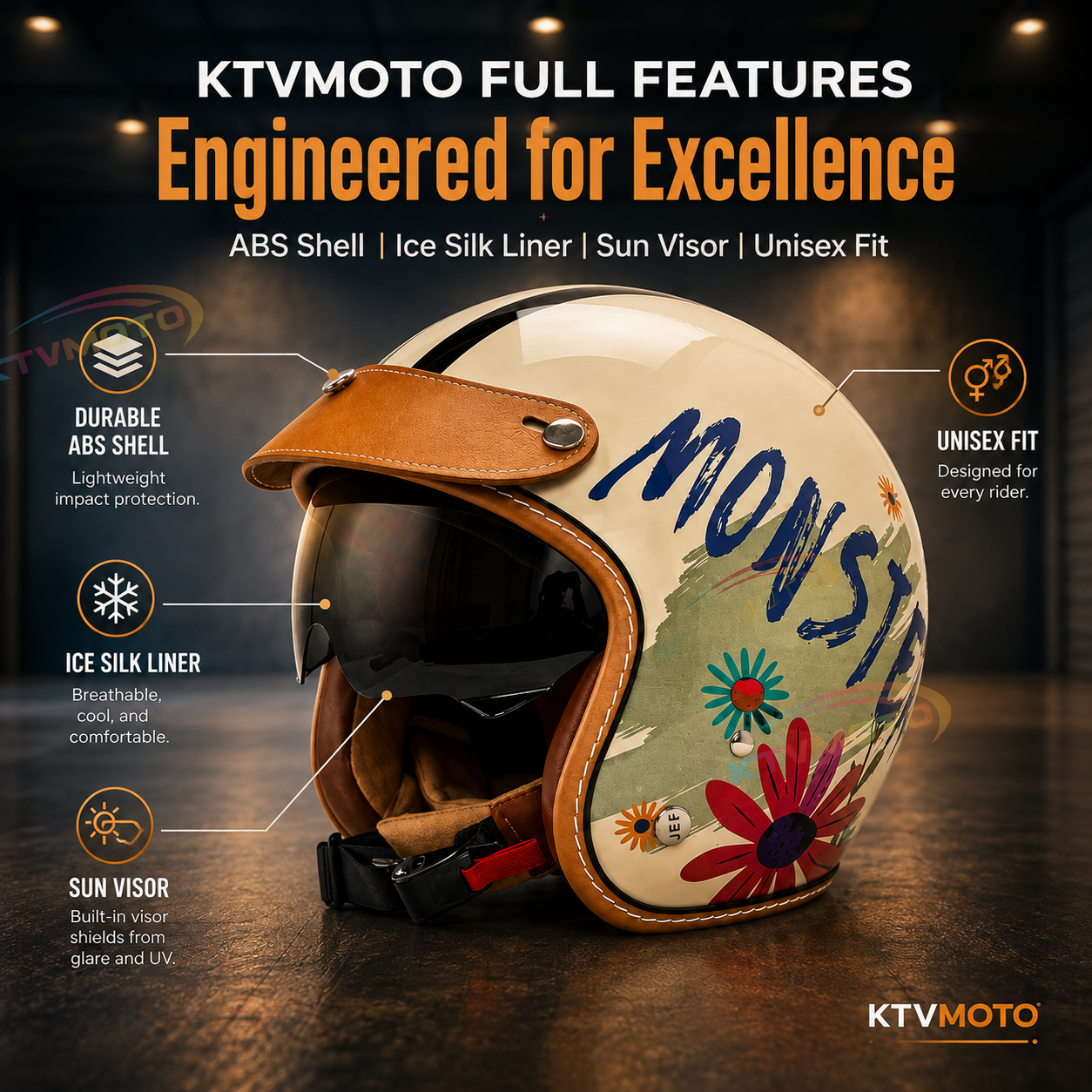 KTVMOTO Retro 3/4 Open Face Motorcycle Helmet with Sun Visor-I54