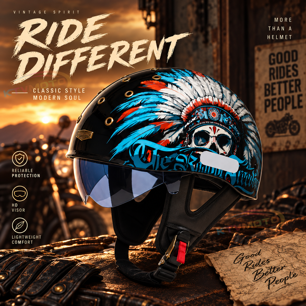 KTVMOTO Retro Skull Half Helmet with Visor for Motorcycle Riders- I28