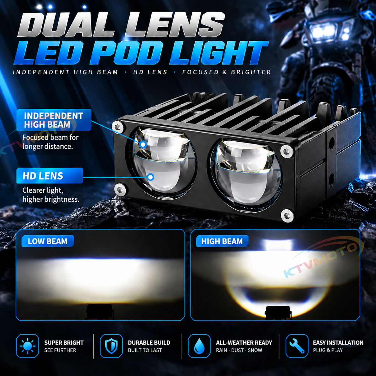 KTVMOTO LED Projector Driving Lights Dual & Triple Lens Off-Road Pods-D33