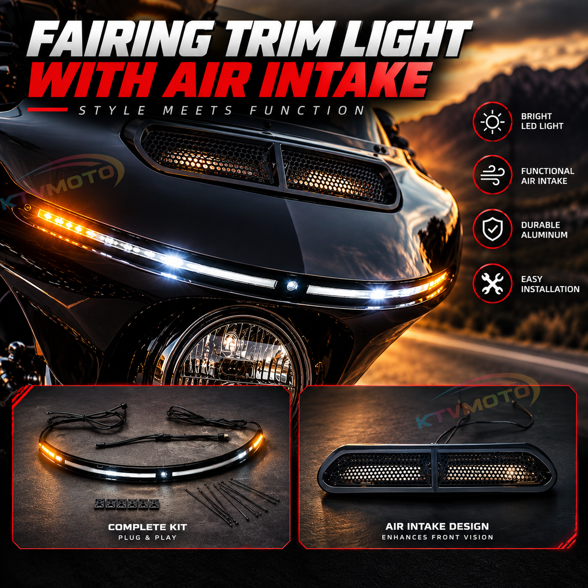 KTVMOTO Harley LED Auxiliary Light Soft Glow Trim Strip-ML07