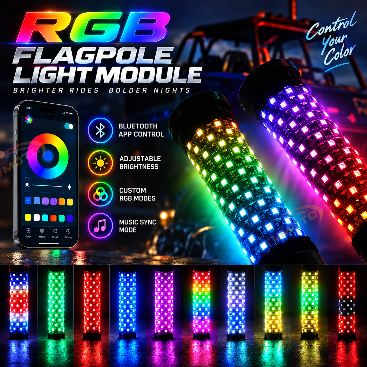 KTVMOTO 2-Pack LED Whip Lights with App & Wireless Remote-D26