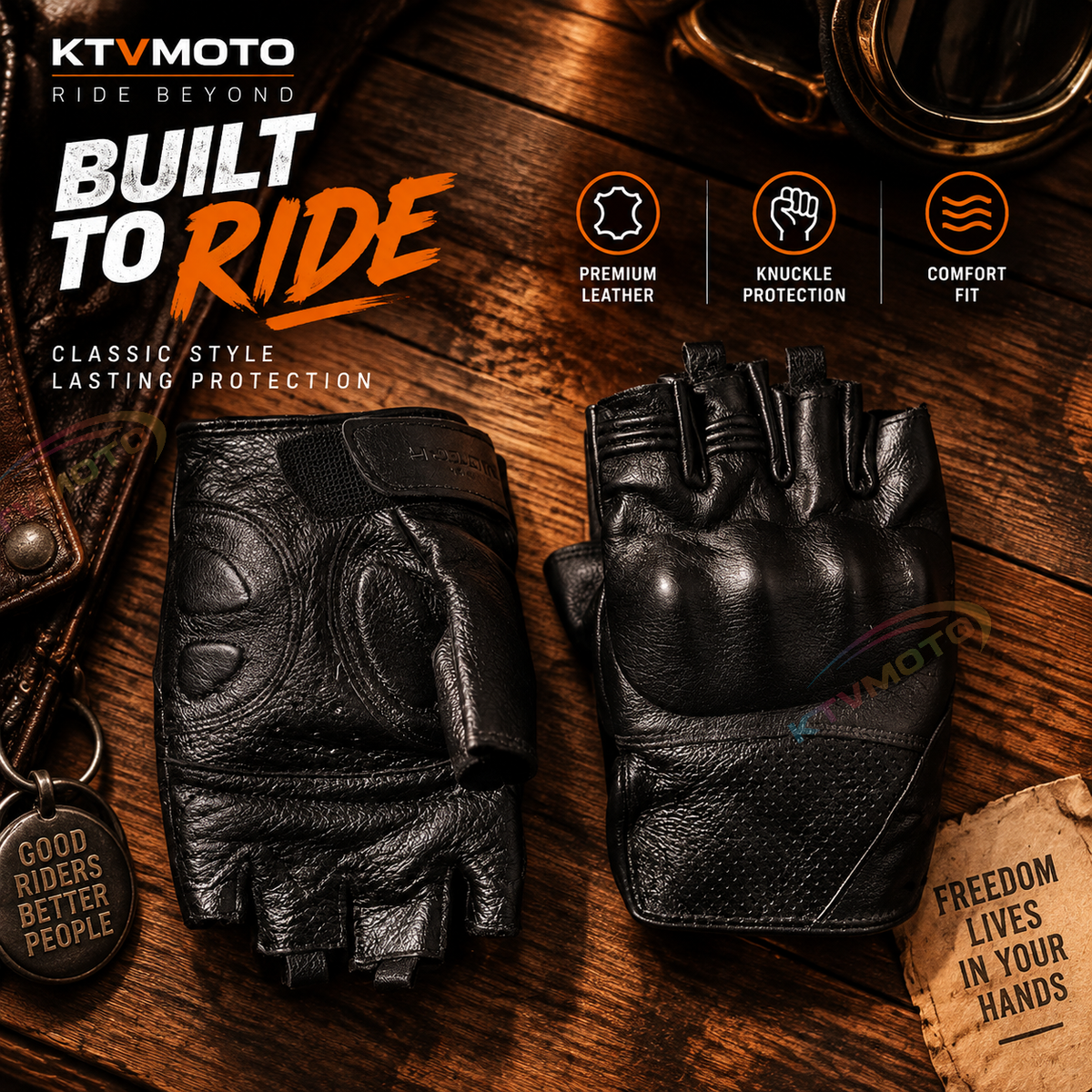 KTVMOTO Retro Motorcycle Rider Genuine Leather Half-Finger Gloves - G37