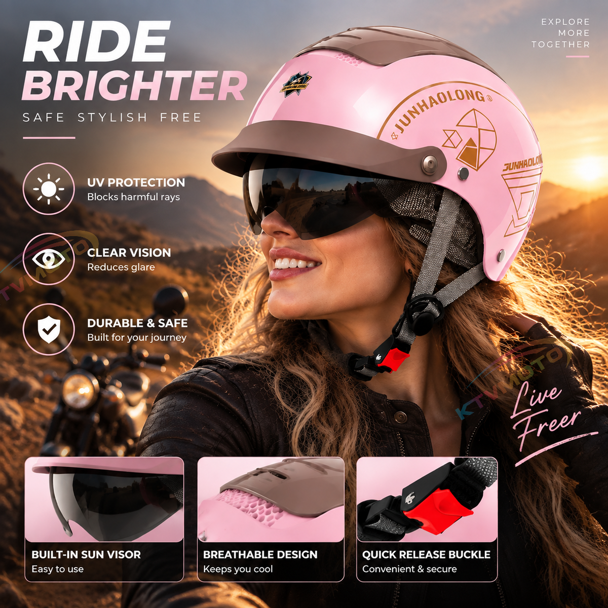 KTVMOTO Retro Half Helmet with Built-in Sun Visor for Riders-I274