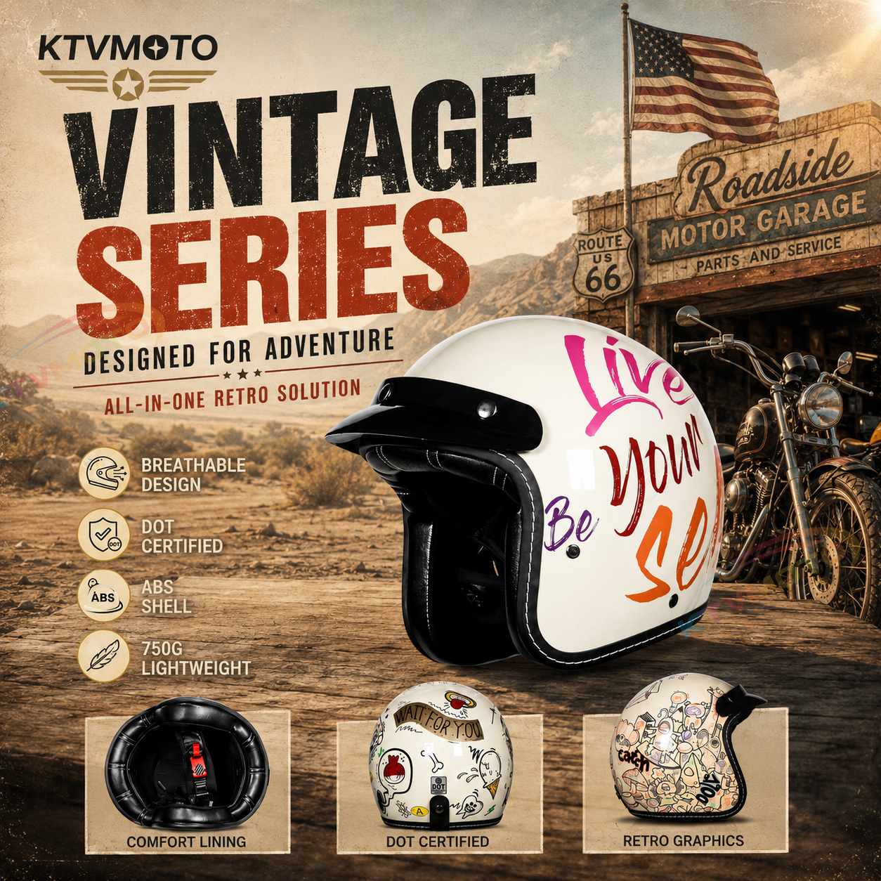 KTVMOTO Retro Open Face Motorcycle Helmet – Vintage Graphic Style-I21