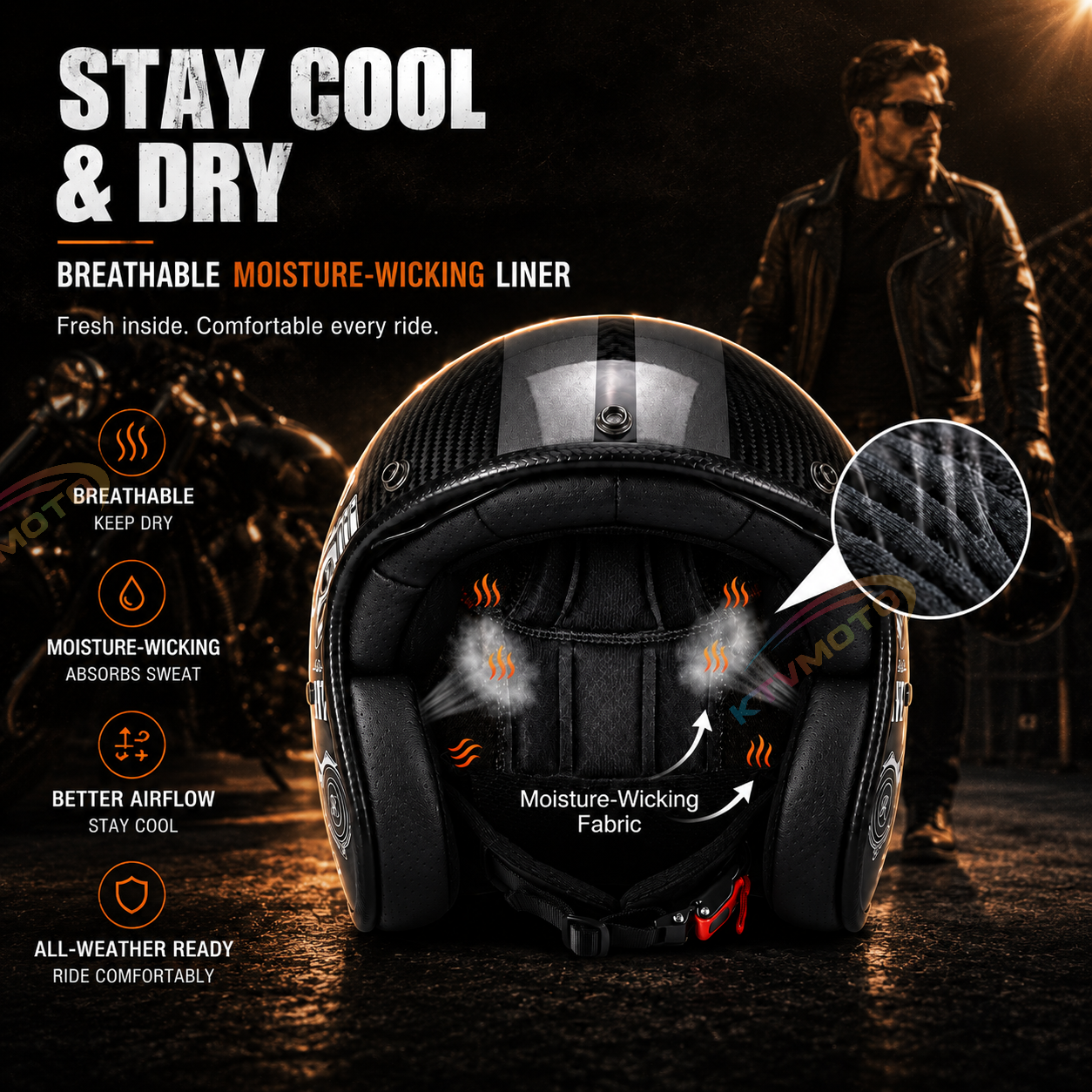KTVMOTO Classic cruise half-helmet with carbon fiber texture, Harley style-I34