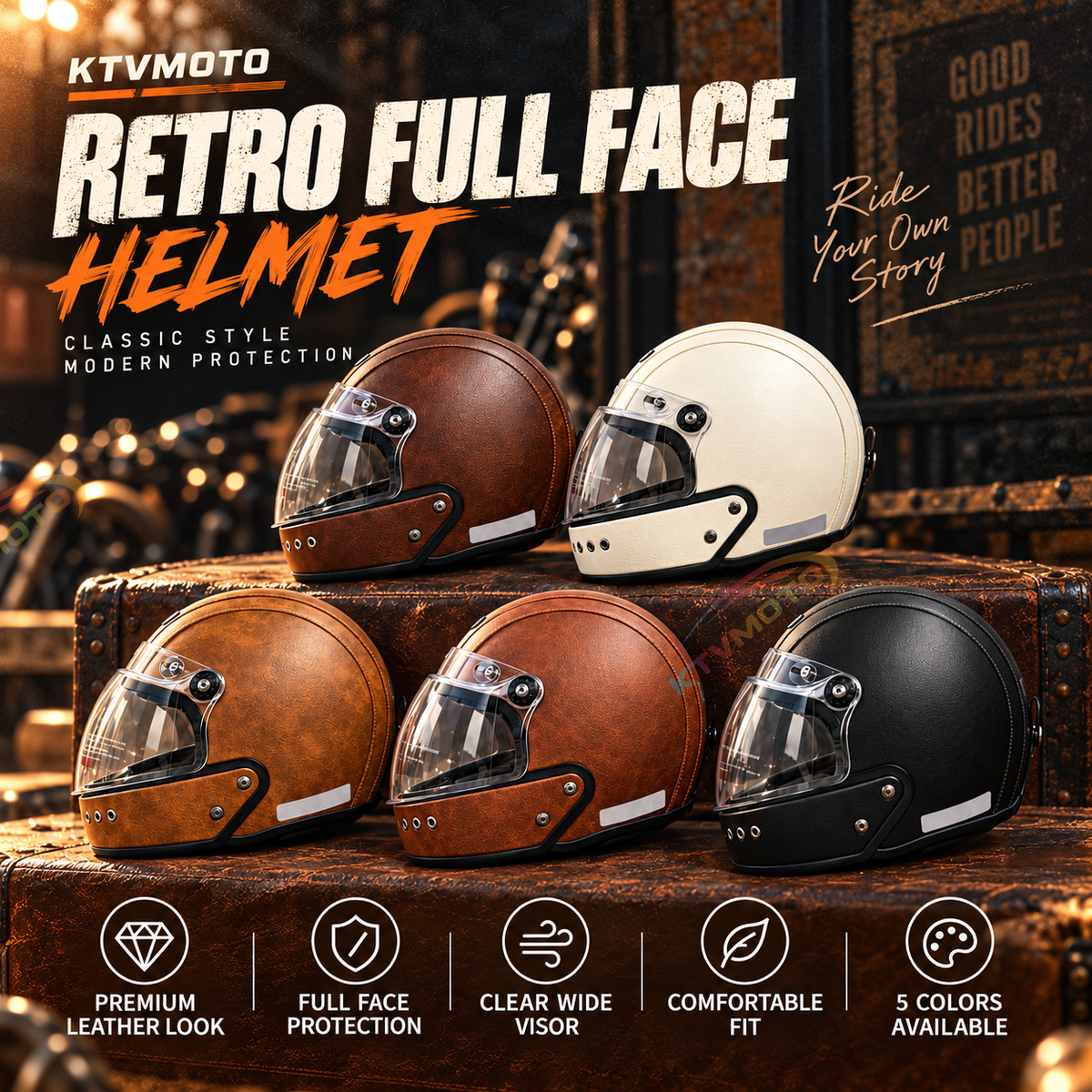 Retro-style leather-finish multi-functional modular motorcycle helmet-I284