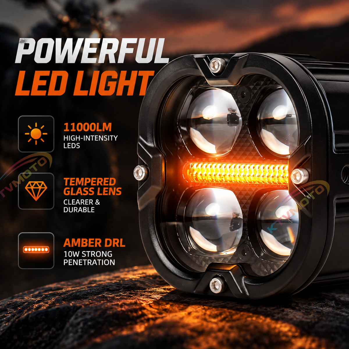 KTVMOTO LED Pods Motorcycle Headlight with Amber Beam & Wiring Kit-D35