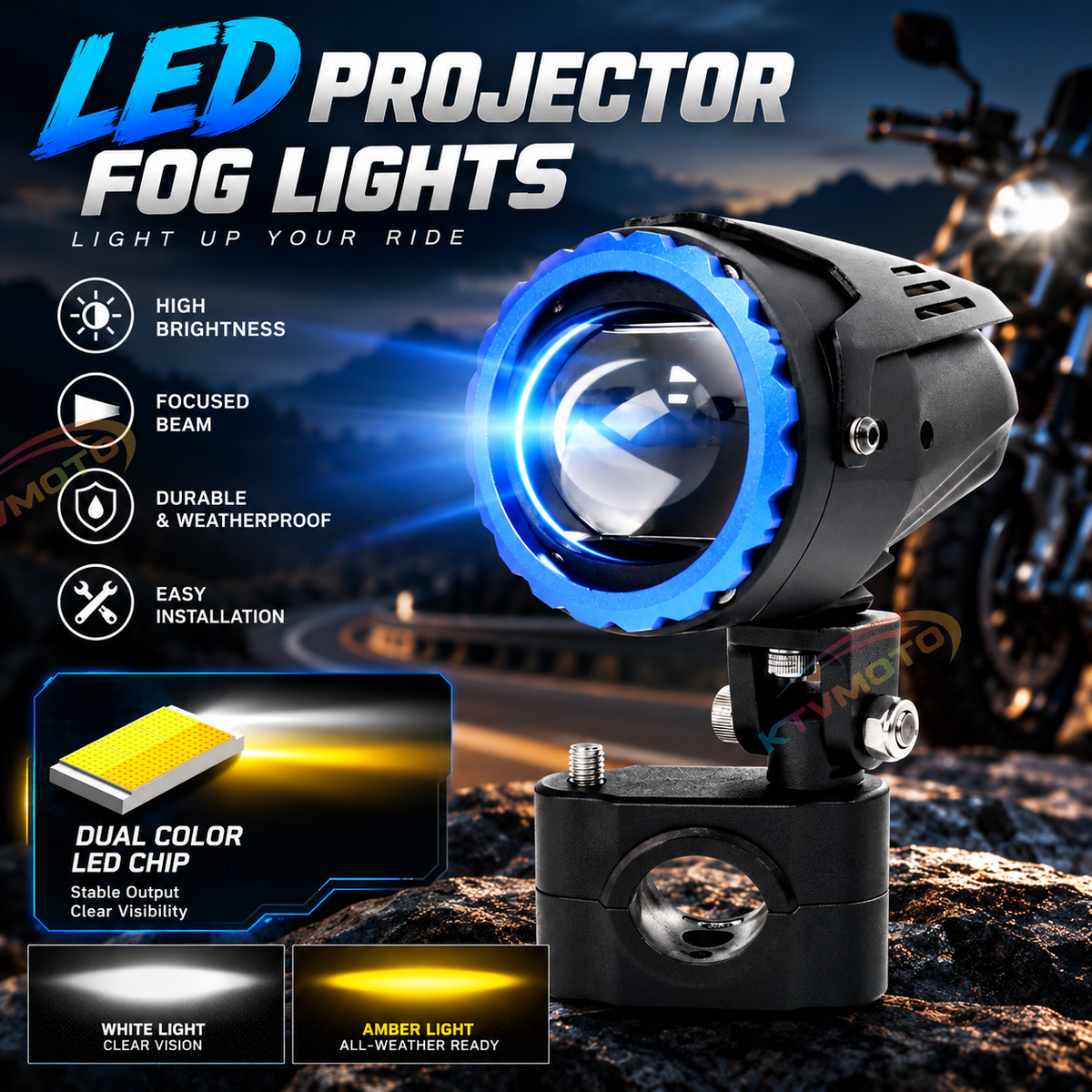 KTVMOTO Motorcycle LED Projector Fog Lights with Handlebar Mount-D31