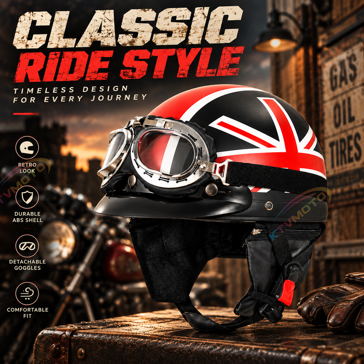 KTVMOTO Retro Motorcycle Half Helmet with Vintage Goggles & Visor-I267
