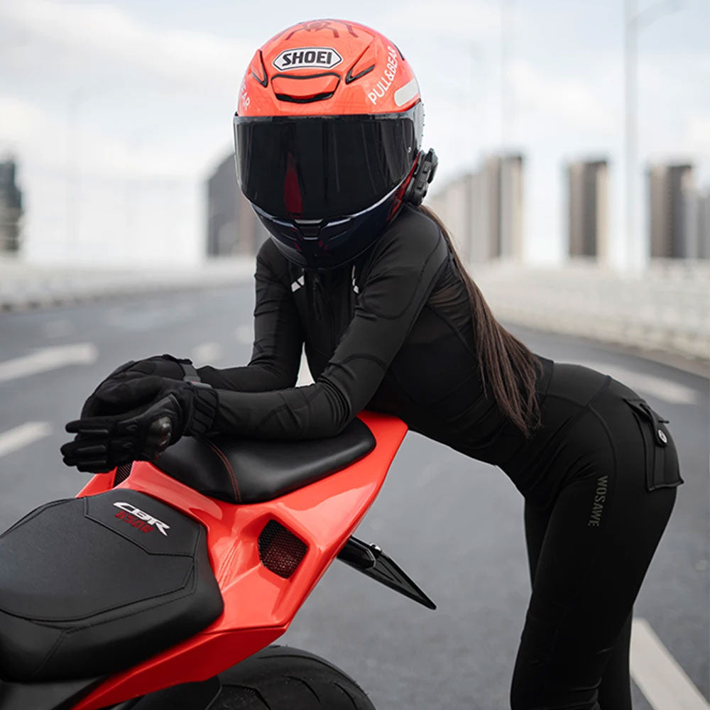 Women's motorcycle slim-fit jacket and pants set with removable padding-J37
