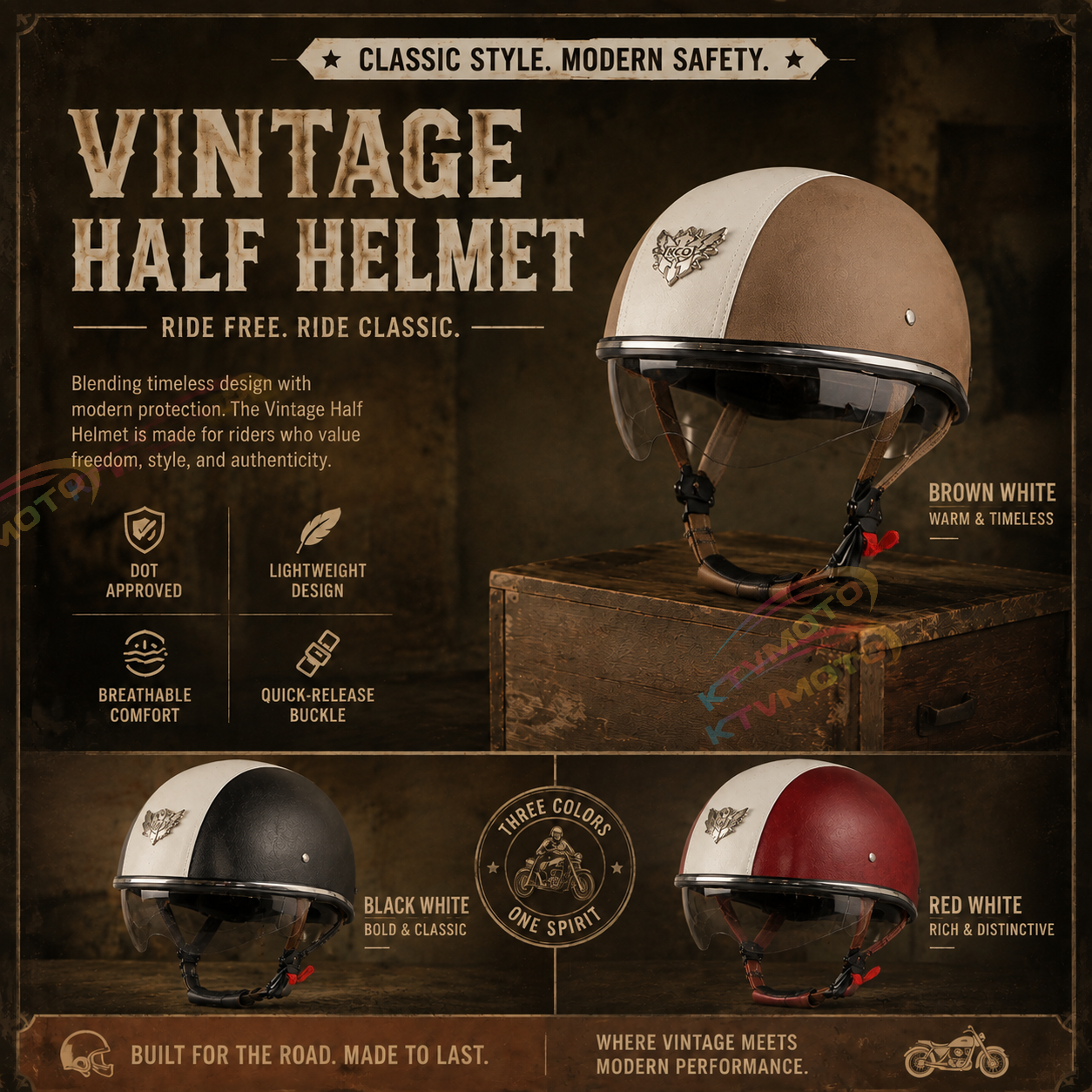 Retro two-tone cruiser motorcycle helmet with goggles-I23