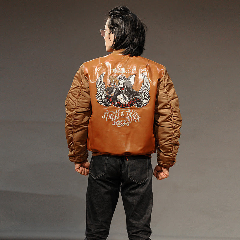 Cartoon sports casual leather cowhide jacket-A39