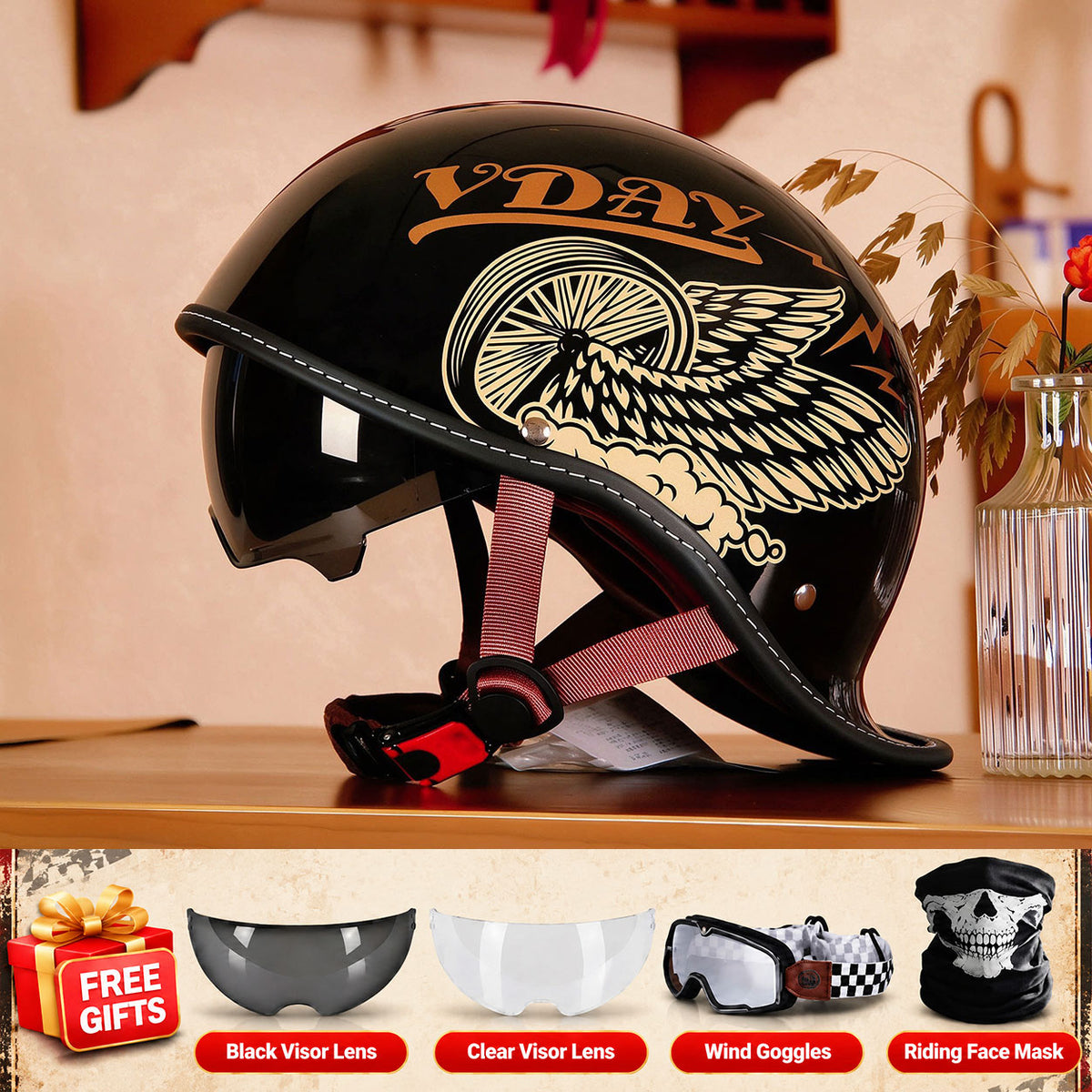 Retro-style motorcycle half-helmet with a ducktail design-I298