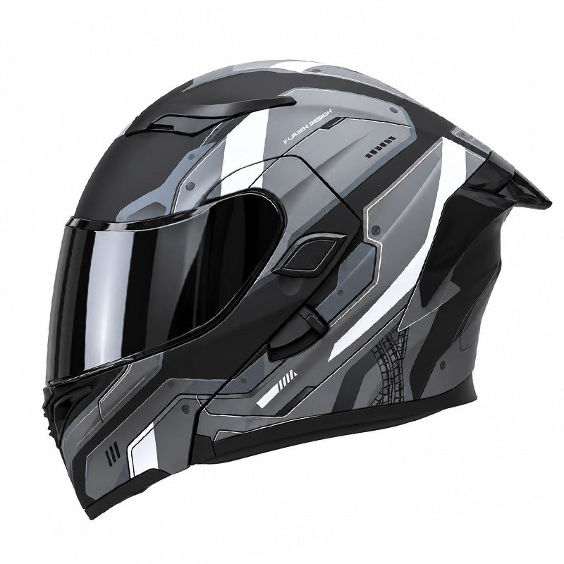 Flip-up motorcycle helmet with dual visors and a tinted rear spoiler-I149