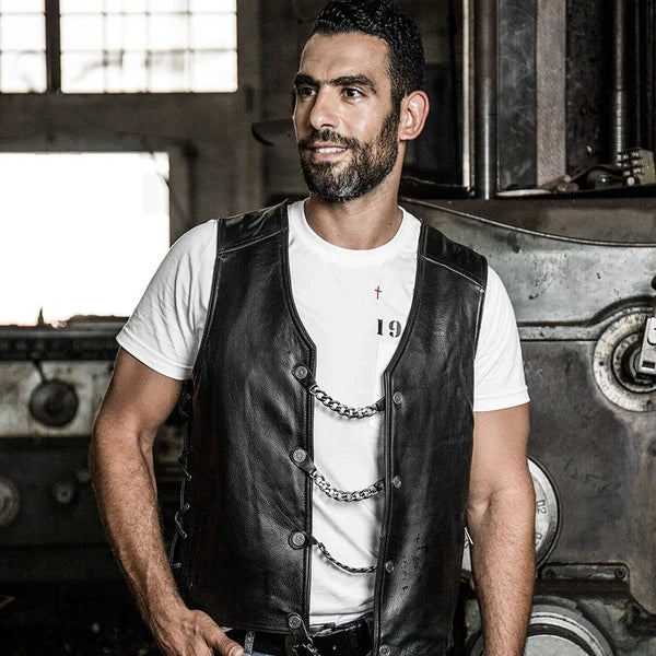 Harley vest steel chain genuine leather vest-A34