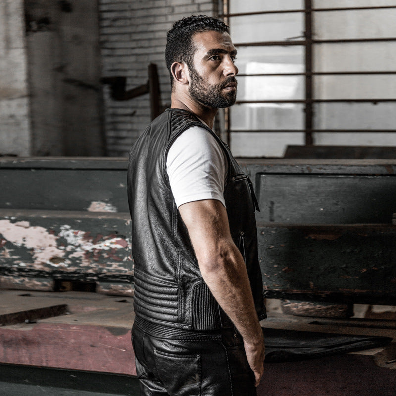 Harley leather vest round neck yellow cowhide vest-A32