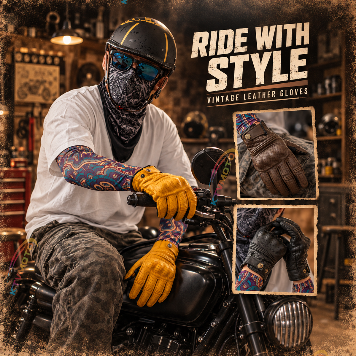 KTVMOTO Vintage Sheepskin Motorcycle Riding Gloves-G103