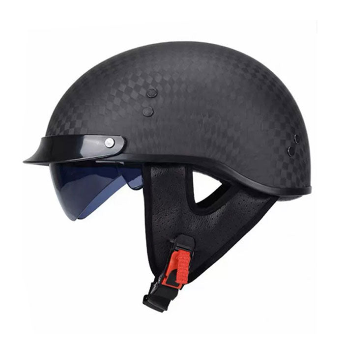 Half-helmet with retro carbon fiber texture and retractable sun visor-I136