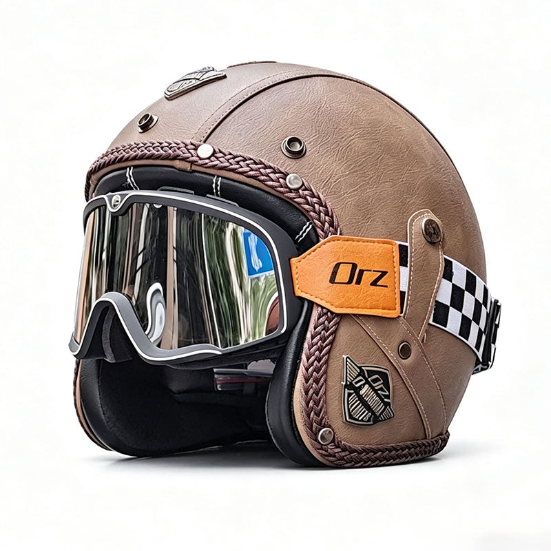 KTVMOTO Matte Leather Retro Motorcycle Half Helmet-I19