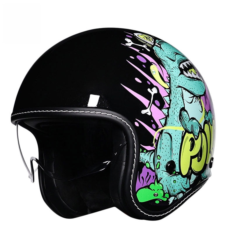 Retro-style open-face motorcycle helmet with built-in visor-I22