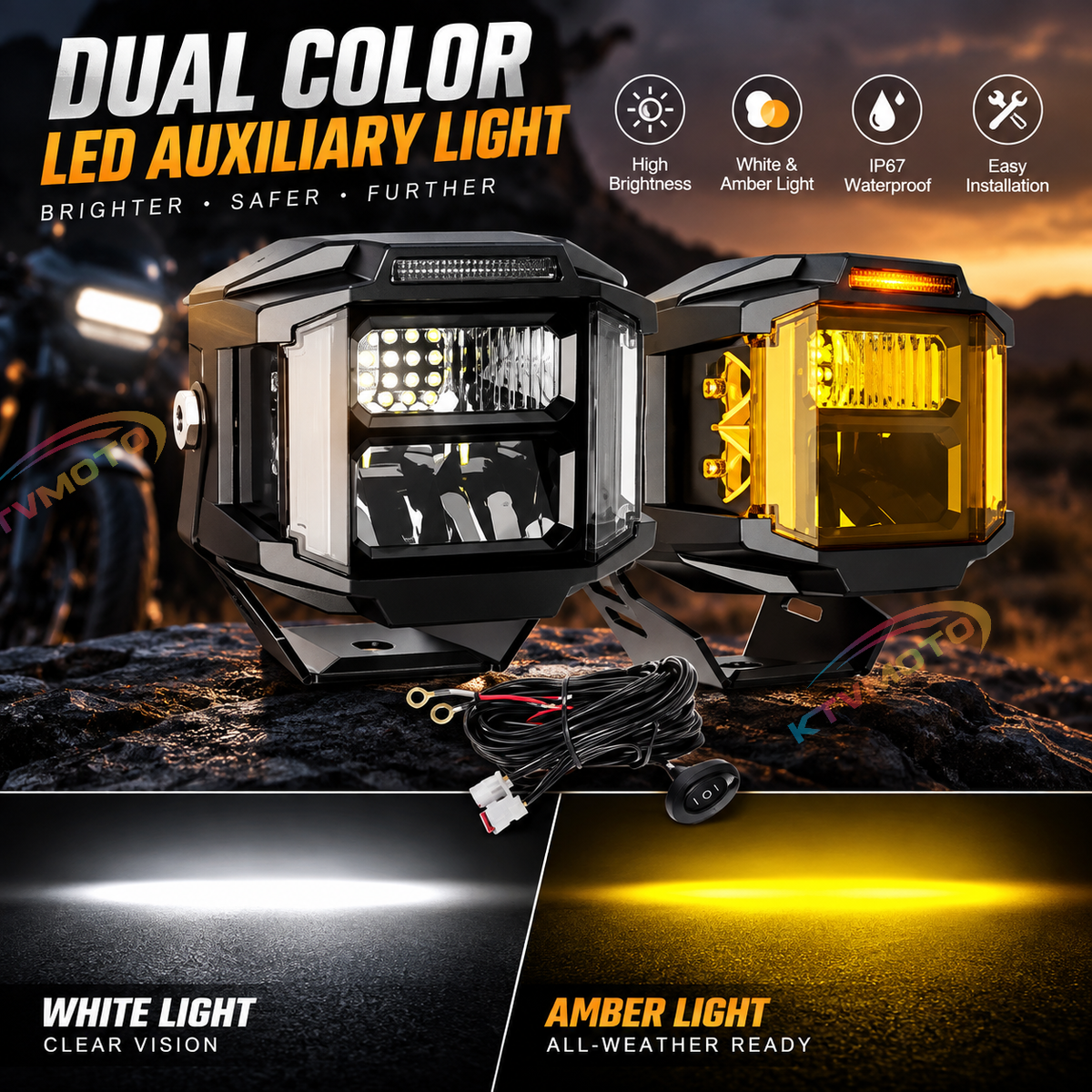 KTVMOTO Motorcycle LED Driving Light with Dual Color Beam-D29