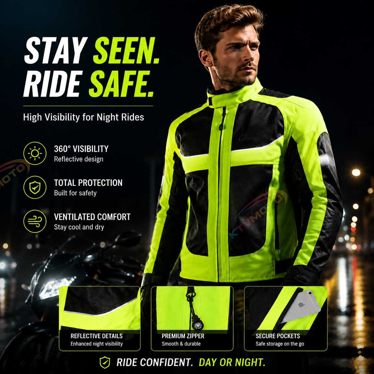 Breathable motorcycle riding gear with reflective elements-J100